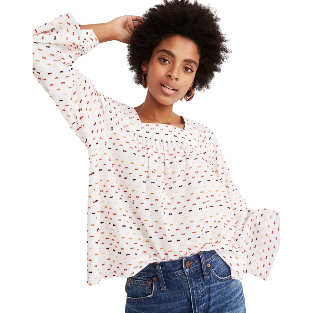 Madewell Square-Neck Boho Peasant Clipdot Top Oversized Women's Size S Off-White